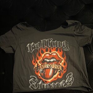 The Rolling Stones women’s off the shoulder  Tee - Black with Fiery Graphic